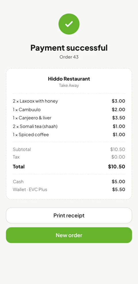 Payment successful receipt: $5.00 in cash and $5.50 by EVC Plus