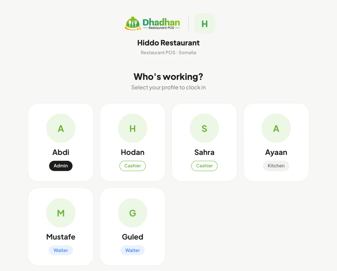 Staff sign-in for Hiddo Restaurant: the Dhadhan POS logo beside the restaurant's, and profiles for Abdi, Hodan, Sahra, Ayaan, Mustafe and Guled